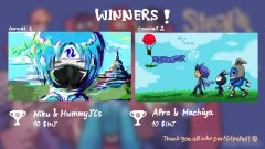 The image shows a tournament winner screen displaying "WINNERS!" with two winning teams: "Ninja B HummingTGS" and "Afro & Hooliganz," both tied for 1st place, celebrating alongside their gaming avatars and Injective ($INJ) branding.