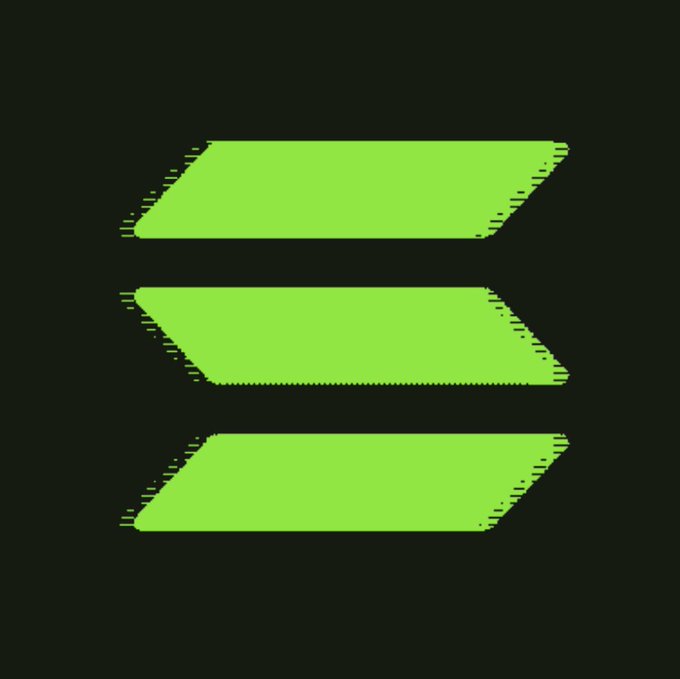 Three stacked bright lime green parallelograms with a glitch/digital distortion effect on a black background.