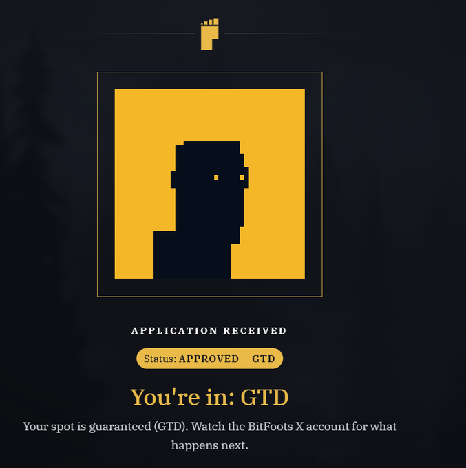 Application approval screen with yellow pixel art character, showing 'APPLICATION RECEIVED', 'Status: APPROVED - GTD', 'You're in: GTD' and text stating 'Your spot is guaranteed (GTD). Watch the BitFoots X account for what happens next.'