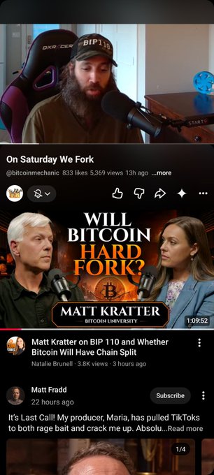 A mobile YouTube feed showing a video thumbnail from 'Bitcoin Mechanic' titled 'WILL BITCOIN HARD FORK?' featuring Matt Kratter, with other video suggestions listed below.