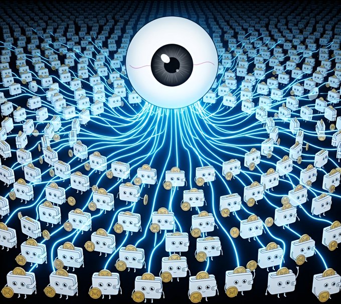 The image features a large number of wallets scattered across a black background with blue lines connecting them. The wallets are depicted as small white boxes, each containing a wallet icon. The text accompanying the image reads "Thousands of wallets. Countless connections. One system watching the full network." and "MBIT analyzes wallet clusters, funding paths and holder relationships to uncover structures hidden behind a Solana token." This suggests that there is an analysis or study being conducted on the wallet clusters in the image, possibly related to blockchain technology or cryptocurrency.