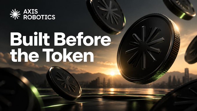 An advertisement for "AXIS ROBOTICS" features the tagline "Built Before the Token" alongside large black coins embossed with a starburst logo against a sunset backdrop.