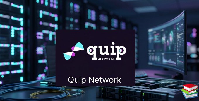 The image features a computer monitor with a network diagram displayed, along with a banner that reads "quip network" above it. The background of the image shows a server room filled with servers and cables, indicating a technology-related context. Below the banner, there is text that says "Gm gQuip @quipnetwork Quantum attacks are expensive. Exploits will target mega wallets exclusively small fish are safe from quantum threats. But standard post quantum signatures are massive. Forcing them on chains creates brutal externalities like bloated data and spiked gas".
