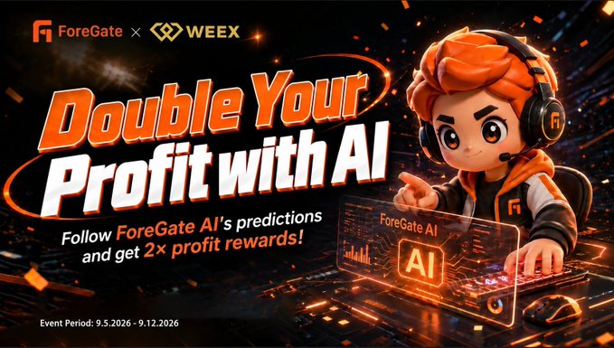 A promotional banner for ForeGate x WEEX advertising 'Double Your Profit with AI' featuring a cartoon character with orange hair and headphones using a holographic interface.