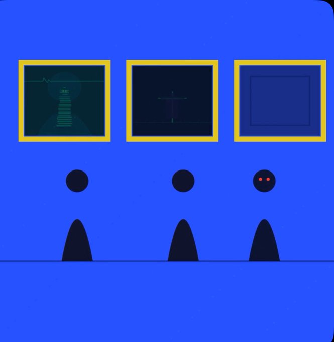 A minimalist blue graphic displays three yellow-framed screens above three black silhouettes, with the rightmost screen and figure showing small red dots, evoking a surveillance or monitoring theme.