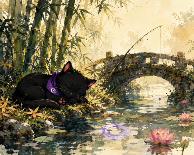 A peaceful watercolor-style illustration of a black cat with a purple bandana sleeping by a pond with a fishing rod, bamboo grove, stone bridge, and pink lotus flowers.