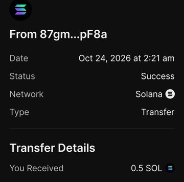 A Solana transaction detail screen reads “From 87gm...pF8a,” “Status Success,” “Network Solana,” “Type Transfer,” and shows “You Received 0.5 SOL” for Oct 24, 2026 at 2:21 am.