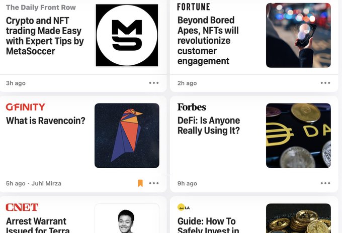 The image displays a crypto news feed featuring headlines from outlets like The Daily Front Row, Fortune, Cointelegraph, GFINITY, Forbes, and CNET, covering topics such as NFTs, Ravencoin, DeFi, and Terra. Among them is a GFINITY article titled "What is Ravencoin?" by Juhi Mirza, which directly connects to the post's call to "Remember the vision of RVN" and its focus on #RWA (Real World Assets) and #Tokenization—themes central to Ravencoin's purpose.