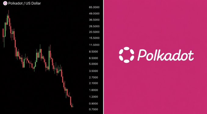 A cryptocurrency price chart showing a steep downward trend for Polkadot (DOT) against the US Dollar, with the Polkadot logo displayed on a pink background.