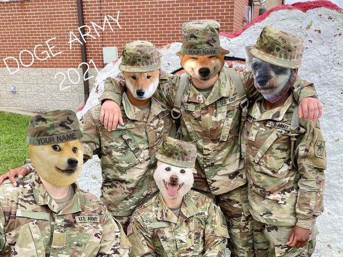 This image humorously depicts the "DOGE ARMY 2021" with individuals sporting dog faces over their U.S. Army uniforms, fitting the post's question about recruitment timing.