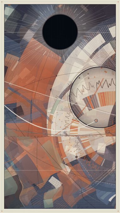 An abstract illustration depicting a solar eclipse with a black circle surrounded by radiating lines, set against geometric shapes in orange, blue, and white tones.