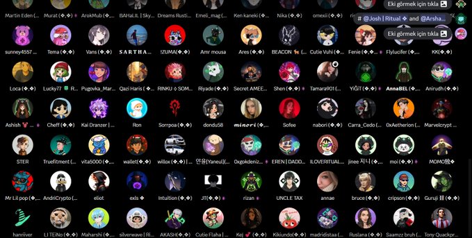 A Discord server member list showing dozens of avatars with usernames and Turkish text including 'Eki görmek için tıkla', 'Josh', and 'Arsha'.