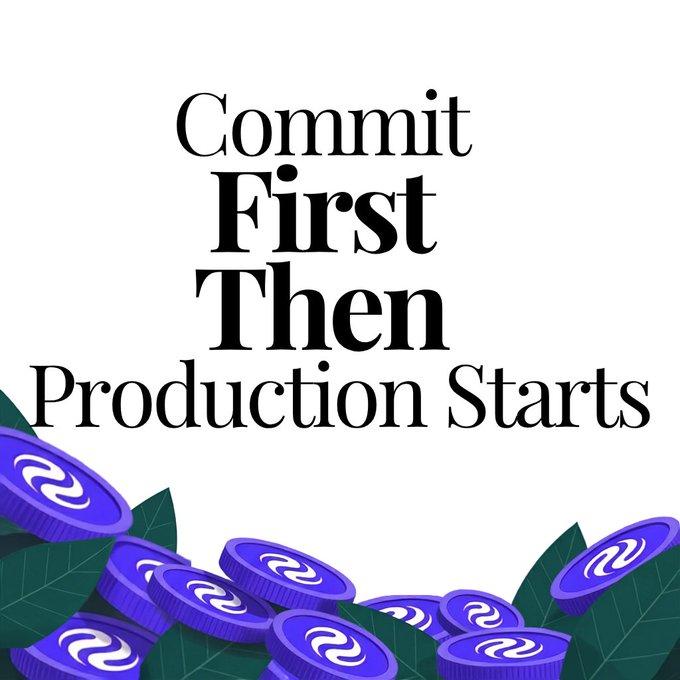 An illustration with purple Raccoon Network (RAC) coins scattered among green leaves, featuring the text "Commit First Then Production Starts."