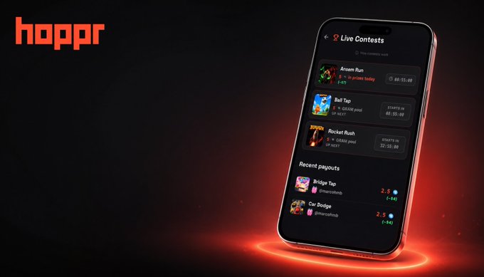 A promotional image for 'hoppr' showing a smartphone displaying 'Live Contests' like 'Assass Run', 'Bat Tap', and 'Rocket Rush' against a dark red background.