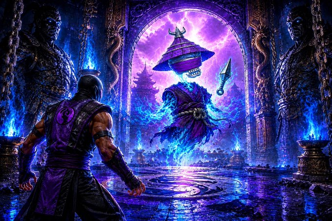 A fantasy illustration depicts a warrior facing a glowing, spectral figure holding a kunai, set within a dark, ornate temple environment.