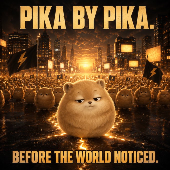 A meme poster showing a chubby orange cat standing dramatically with an army of cats behind it, with text reading 'PIKA BY PIKA.' and 'BEFORE THE WORLD NOTICED.'