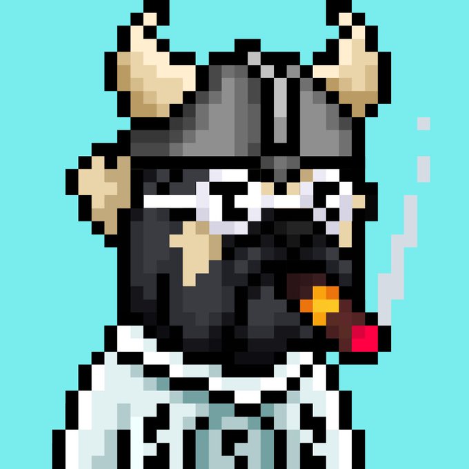 A pixel-art illustration of a character wearing a horned Viking helmet, glasses, and white clothing, smoking a cigarette on a teal background.