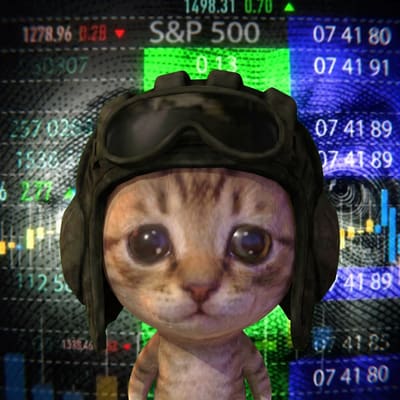 A digitally edited image of a kitten wearing a pilot helmet and headset, with stock market data including 'S&P 500' displayed in the background.