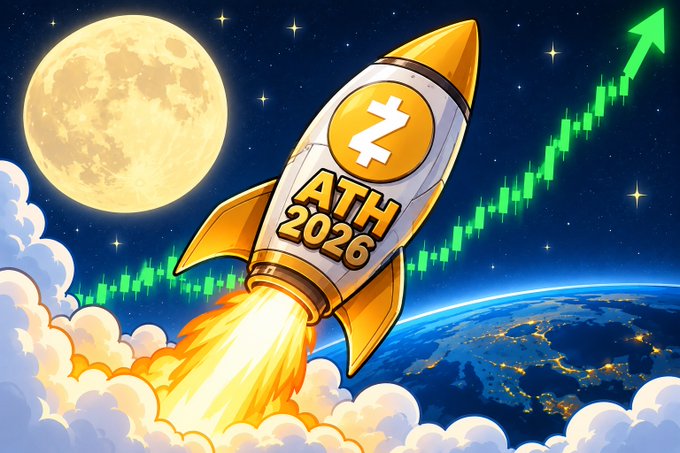 A rocket emblazoned with "ATH 2026" and a Zcash (ZEC) logo launches past the moon alongside a soaring green price chart, symbolizing Zcash's historic breakout above $1,400 and its multi-thousand-percent rally. The cosmic imagery reinforces the post's message of ZEC reaching new all-time highs and unprecedented momentum.