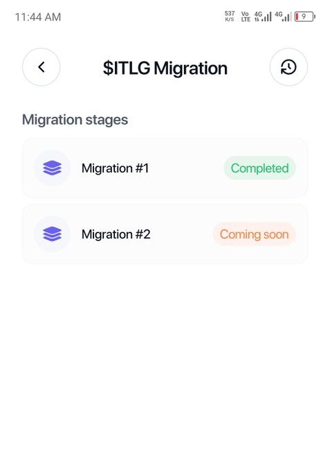 A mobile screenshot of the "$ITLG Migration" page shows Migration #1 marked as "Completed" in green, while Migration #2 is labeled "Coming soon" in orange, suggesting the user's account is waiting on a second migration stage to be activated. This visually supports the user's complaint that their migration has been pending despite other steps being completed.