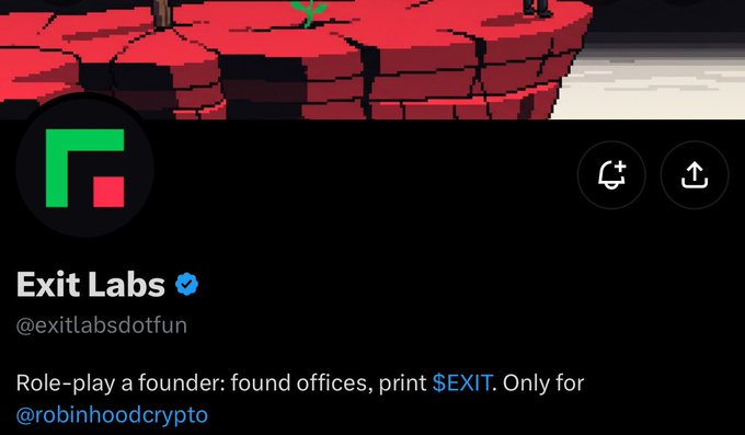 The image shows a Twitter/X profile page for "Exit Labs" (@exitlabsdotfun) with a verified blue checkmark, featuring a pixel-art style red rocky landscape banner. The account bio reads "Role-play a founder: found offices, print $EXIT. Only for @robinhoodcrypto," which aligns with the post's mention of @exitlabsdotfun as a free allocation project with a 4,444 token supply, tied to the Robinhood Crypto platform for its founder role-play concept.