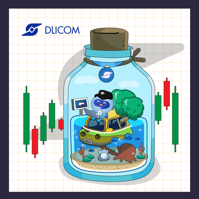 A cartoon illustration for DLICOM featuring a blue character in a boat inside a bottle, surrounded by candlestick trading charts and an octopus.