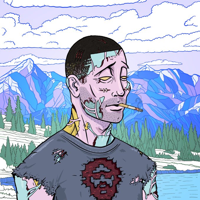 This image is an NFT artwork featuring a zombie-like character with a cigarette in his mouth, set against a backdrop of snow-capped mountains. The "DeGodsNFT" tag suggests the artwork is part of their collection, and the caption "you had to be there" likely refers to an event or moment related to owning this NFT.
