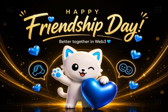 A cute white cat mascot winks while holding a large blue heart, surrounded by floating hearts and glowing gold accents on a dark background, with the text "HAPPY Friendship Day! Better together in Web3" displayed above—visually celebrating the camaraderie and community spirit highlighted in the Bitget Wallet South Asia Friendship Day message.