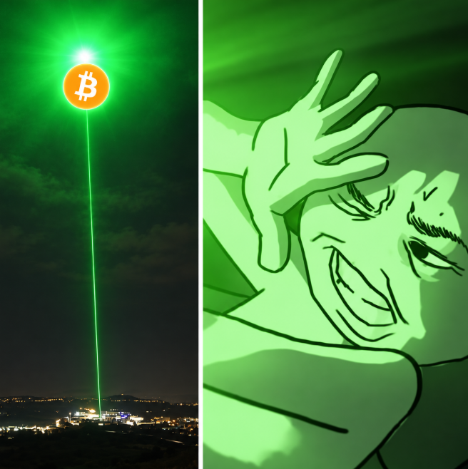 A two-panel image: the left shows a green laser beam projecting a Bitcoin symbol into the night sky, while the right features an anime-style illustration of a man with a mustache looking up with his hand on his forehead.