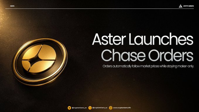 The image features an advertisement for a cryptocurrency exchange called "Aster Launches Chase Orders" which showcases a gold-colored logo with the words "Chase", "Orders", and "native" written beneath it. The text on the advertisement explains that this is a native type of trade order, meaning it is automated and executed directly by the exchange itself rather than through an external third party. This new feature offers users better trading control and faster execution of orders at no additional cost.
