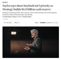 A CoinDesk article page features Michael Saylor speaking onstage beneath the headline, “Saylor says a share buyback isn’t priority as Strategy builds its $4.8B cash reserve.” The post links his comments to Strategy’s cash-building strategy.