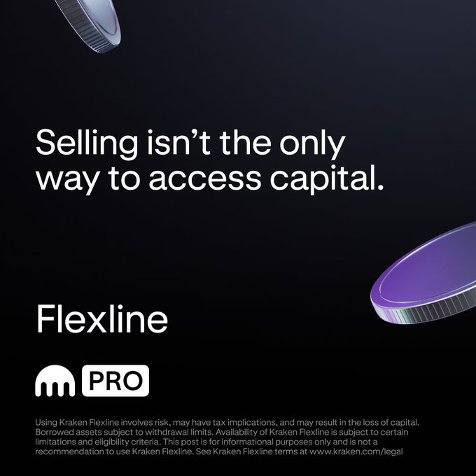 This image advertises Kraken Flexline Pro, highlighting that "Selling isn't the only way to access capital" by offering liquidity without liquidation. The accompanying post uses this concept to explain how Kraken Flexline can be used to obtain proof of funds for a property purchase without selling crypto.