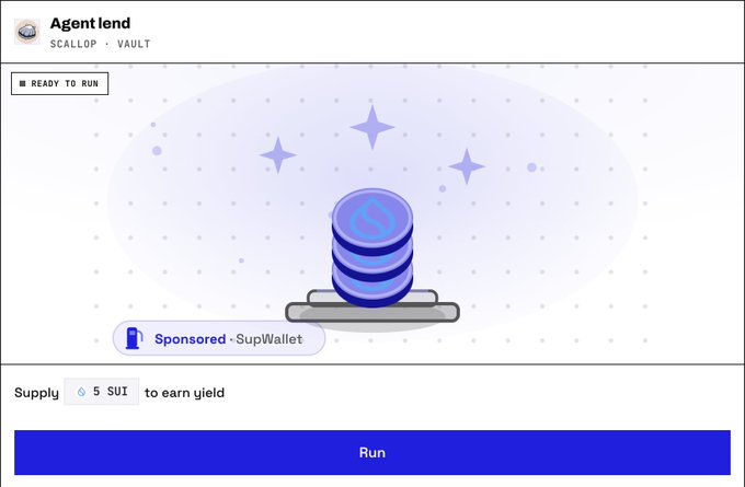 A screenshot of a crypto platform showing an "Agent lend" feature for "SCALLOP - VAULT" with a "Ready to Run" status, an illustration of stacked coins, and a supply option for 5 SUI to earn yield.