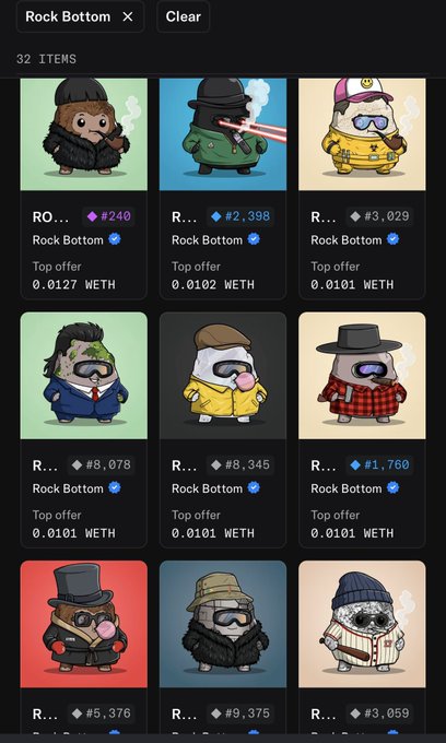 A screenshot of the Rock Bottom NFT collection page showing 32 items with their top offers in WETH (ranging from 0.0101 to 0.0102 WETH), tied to a post celebrating profitable trading of these NFTs where the user reduced their holdings from 46 to 32 after making 0.14 ETH profit.