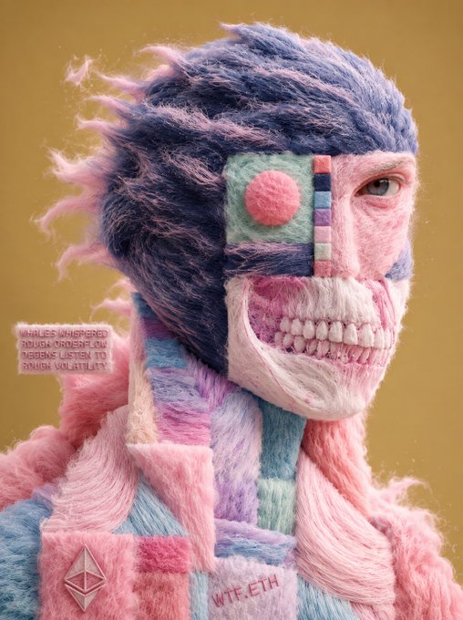 A felted textile art piece depicting a surreal figure with purple hair, a pink button eye, exposed teeth, and clothing reading 'WTF ETH', with additional text referencing 'ROAD' and 'VOLATILITY'.