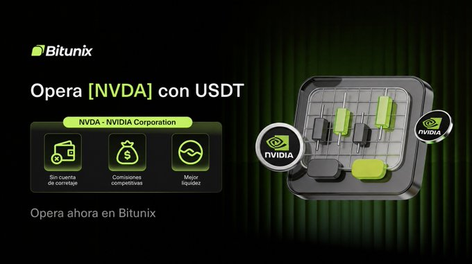 Bitunix cryptocurrency exchange advertisement showing 'Opera [NVDA] con USDT' trading for NVDA - NVIDIA Corporation, featuring NVIDIA logos and benefits like 'Sin cuenta de corretaje' and 'Comisiones competitivas'.