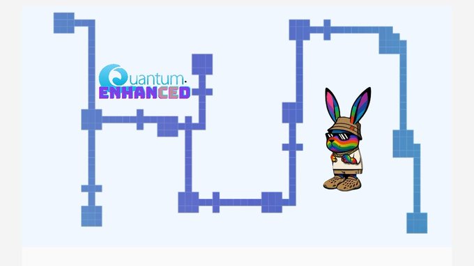 A logo for 'Quantum ENHANCED' displayed next to a pixel-art bunny wearing a rainbow mask and brown hat, connected by blue circuit-like pathways.