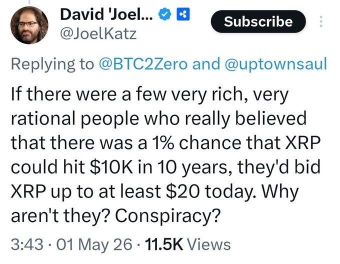A tweet from David 'Joel' (@JoelKatz) replying to @BTC2Zero and @uptownsaul, discussing XRP valuation: 'If there were a few very rich, very rational people who really believed that there was a 1% chance that XRP could hit $10K in 10 years, they'd bid XRP up to at least $20 today. Why aren't they? Conspiracy?' posted at 3:43 on 01 May 26 with 11.5K views.