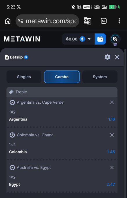 A mobile screenshot of metawin.com/sports betting interface showing a Combo Betslip with three treble selections: Argentina vs Cape Verde (1.16), Colombia vs Ghana (1.45), and Australia vs Egypt (2.47).
