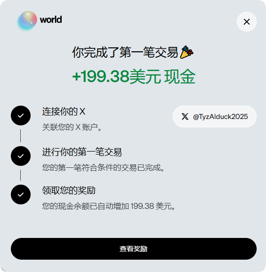 A user celebrates their first qualifying trade on World, receiving a $199.38 USD cash reward after linking their X account (@TyzAIDuck2025), highlighting a satisfying airdrop experience.