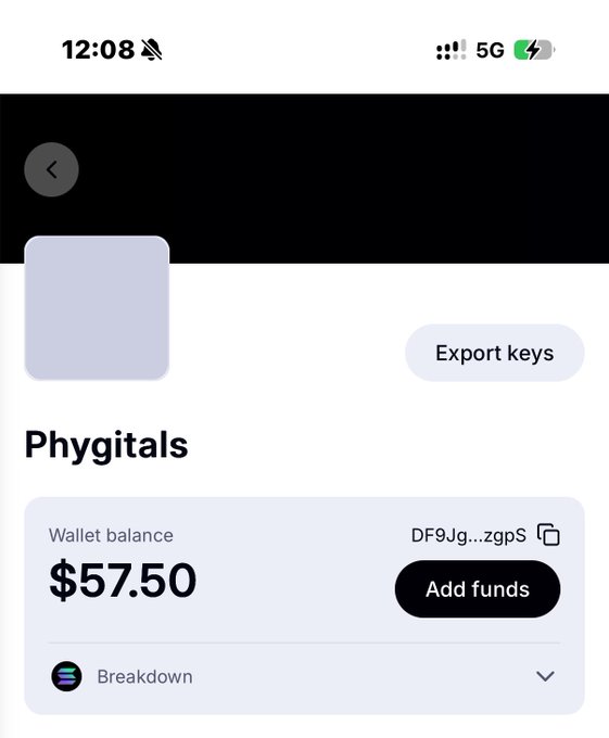A mobile phone screenshot shows a 'Phygitals' app interface displaying a wallet balance of '$57.50', an 'Add funds' button, and an 'Export keys' button.