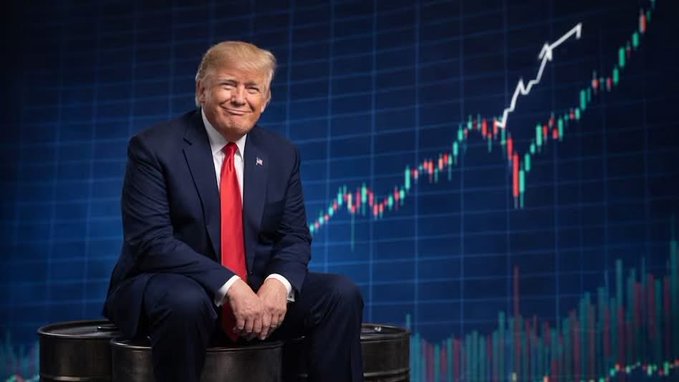 A digitally composed image of Donald Trump in a dark suit and red tie sitting on a barrel, with a stock market chart showing an upward trend and an arrow in the background.