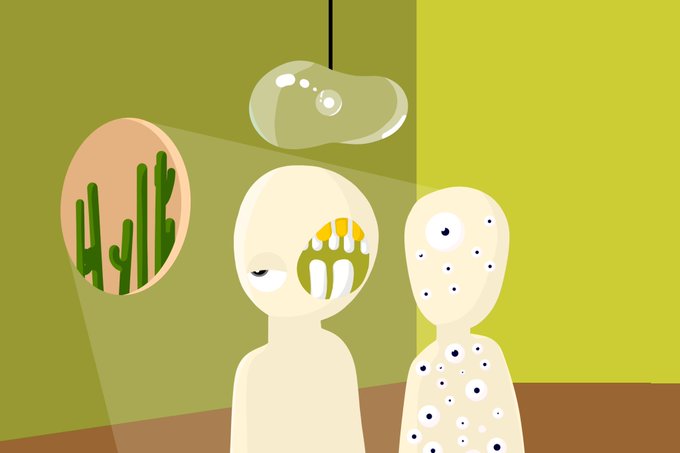 A surreal digital illustration of two pale humanoid figures in a green room, one with cacti growing from its head and the other covered in eyes, under a hanging lamp.