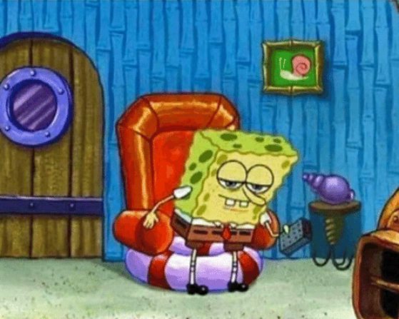 SpongeBob SquarePants sits lazily in a red armchair with a remote in hand, looking bored or unimpressed, while Gary the snail watches from the side. The image relates to the post by depicting someone settling in for what seems like a long, drawn-out monologue—capturing the resigned anticipation of enduring a lengthy "short" update during a weekly meeting.