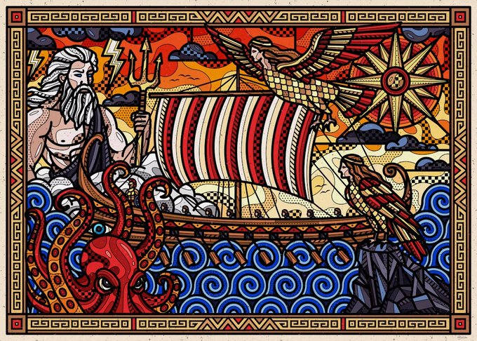 A vibrant illustration framed by a Greek key border depicts Poseidon wielding a trident alongside a ship with a striped sail, a giant octopus, an eagle carrying a harp, a Valkyrie-like figure, and a radiant sun, evoking mythological themes. The artwork, shared by @SmirapDesigns, accompanies a "GM" (good morning) post, with its colorful, symbolic imagery setting an inspiring tone for the day.