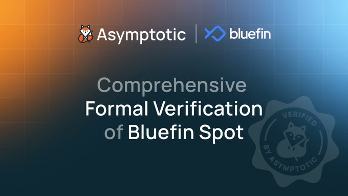 The image is a branded announcement graphic displaying the Asymptotic and Bluefin logos, with the text "Comprehensive Formal Verification of Bluefin Spot" centered alongside a "Verified by Asymptotic" badge, visually reinforcing the post's announcement about Asymptotic's machine-checked formal verification of Bluefin's concentrated-liquidity AMM mechanisms on Sui Network.
