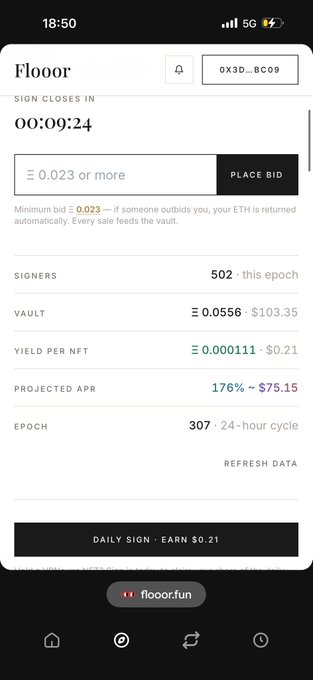 A screenshot of the Floor app showing NFT auction details with a 'PLACE BID' button, minimum bid of 0.023 ETH, current vault of 0.0556 ETH ($103.35), and a daily sign option earning $0.21.