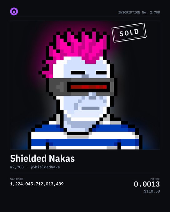 A pixel art NFT listing titled "Shielded Nakas" featuring a character with pink hair and a VR headset, marked as "SOLD" with an inscription number of 2,708.