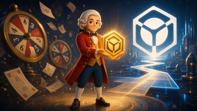 A 3D-rendered cartoon character in 18th-century attire holds a glowing golden cube, with a roulette wheel and a glowing white logo against a futuristic cityscape.