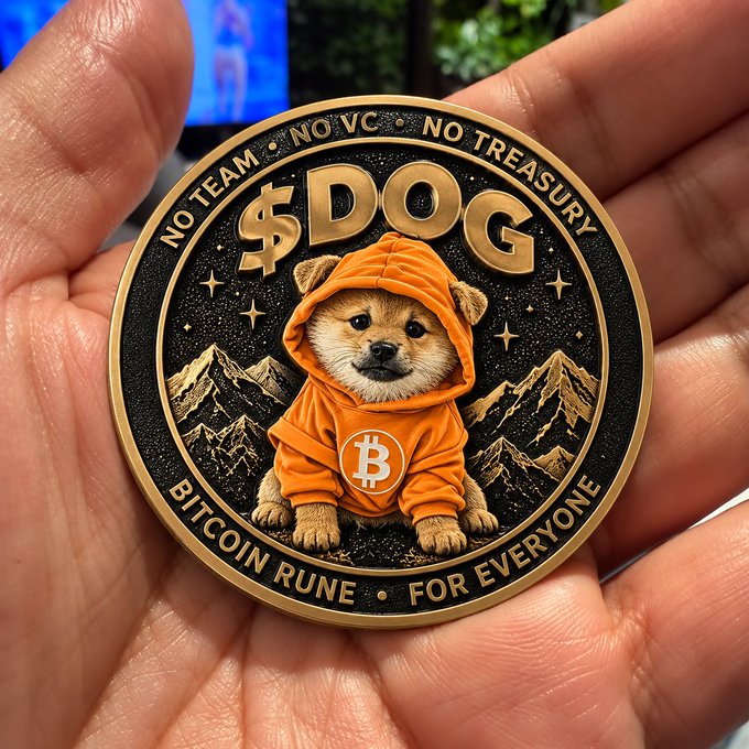 A hand holds a large gold and black commemorative coin featuring a Shiba Inu puppy wearing an orange hoodie with a Bitcoin symbol, surrounded by mountains and stars. The coin reads "$DOG," "NO TEAM • NO VC • NO TREASURY," and "BITCOIN RUNE • FOR EVERYONE."